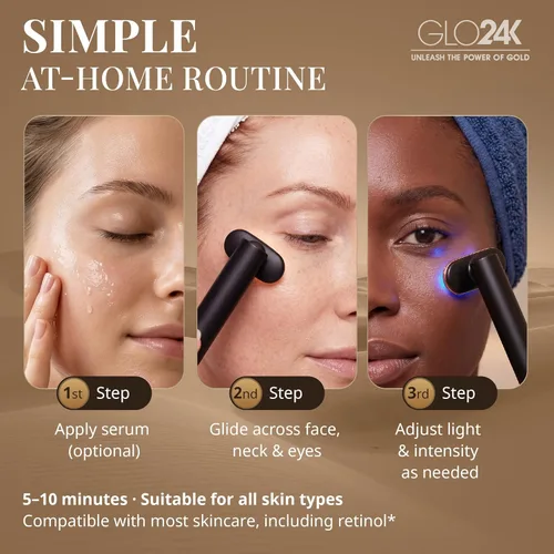 Miniatura 7 de GLO24K Varita de Terapia de Belleza 6-EN-1 para la Cara, Ojos y Cuello. Basada en Tecnología de Luz LED Dual, Térmica, Vibración y Microcorriente.