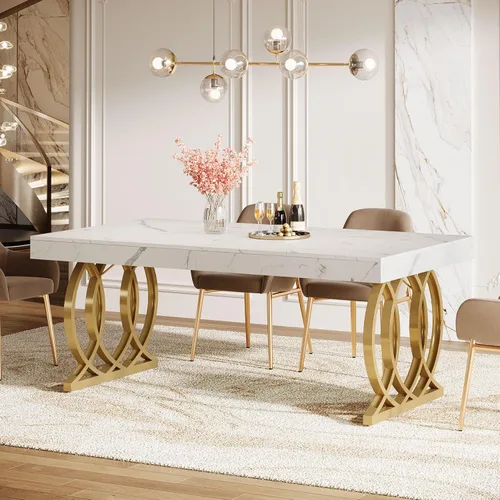 Miniatura 5 de Tribesigns Mesa de comedor de 63 pulgadas para 4-6, mesa de cocina moderna con mesa de mármol sintético y patas geométricas, muebles de comedor