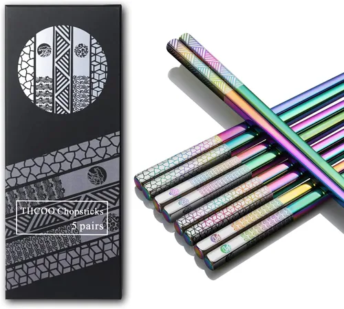 Miniatura 9 de Palillos de metal, reutilizables, de acero inoxidable 18/8, grabado con láser de titanio, palillos coreanos japoneses ligeros de primera calidad