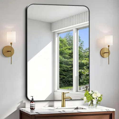 Miniatura 11 de Espejo de baño de 18 x 24 pulgadas con marco de metal negro rectangular, espejo de tocador rectangular de esquinas redondeadas, espejo de pared