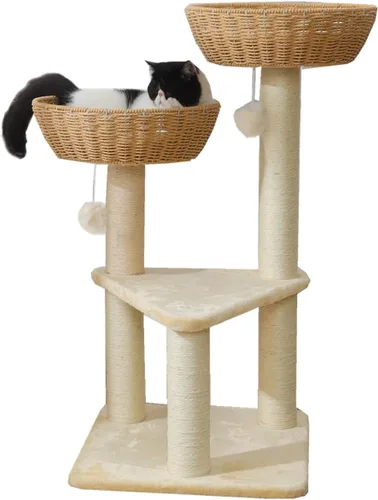 SHENGOCASE Torre de árbol para gatos con cesta de mimbre de ratán, 2 cestas nido grandes tejidas a mano cama, percha de ventana para gatos grandes