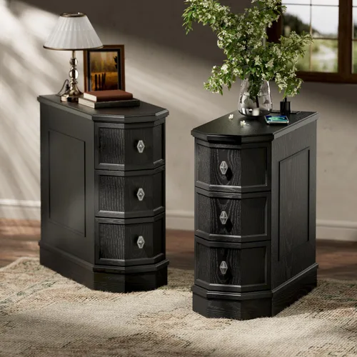Miniatura 14 de Mesita de noche con estación de carga, mesa auxiliar de madera vintage con 3 cajones, mesa auxiliar estrecha Victoria, mesitas de noche delgadas