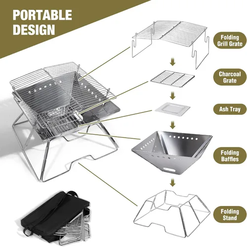 Miniatura 5 de Fogata portátil con parrilla para campamento, hoguera plegable de alta resistencia con parrilla de fogata y bolsa de transporte para exteriores