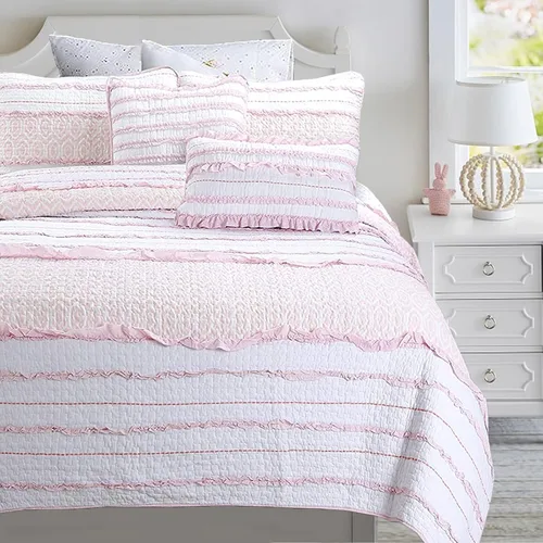 Miniatura 21 de Cozy Line Home Fashions Juego de ropa de cama acolchado reversible de niña con volantes rosa claro y azul de 100% algodón, colcha, cubrecama