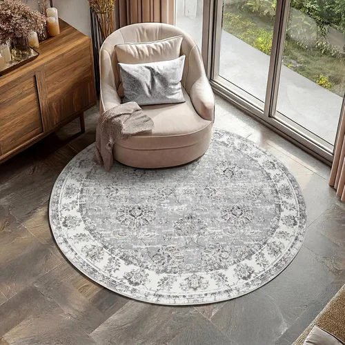 Miniatura 91 de Jinchan Fiora - Alfombra redonda de 8 pies, alfombras vintage con diseño floral envejecido, lavable a máquina, antideslizante, de pelo bajo, Azul