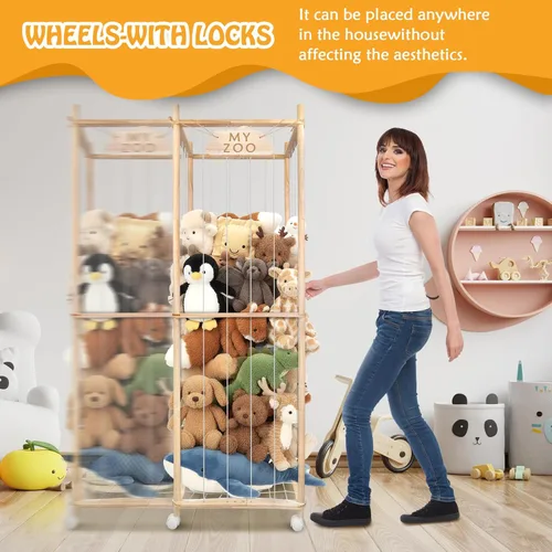 Miniatura 6 de Zoo de almacenamiento de animales de peluche con ruedas, 64 pulgadas de madera grande de animales de peluche organizador de juguetes para niños