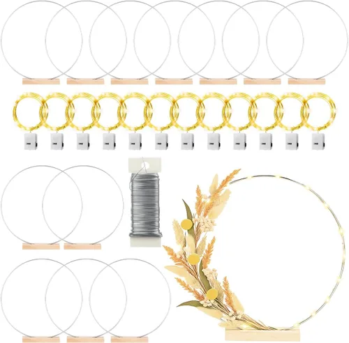 Paquete de 12 aros florales con soporte y luces LED de hadas de 14 pulgadas, anillos de metal para centro de mesa DIY, decoraciones para Plata