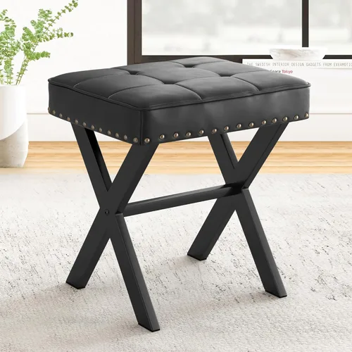 Miniatura 15 de LUE BONA Taburete de tocador blanco, asiento cuadrado de piel sintética con patas en X de metal, pequeña silla otomana para sala de maquillaje, sala