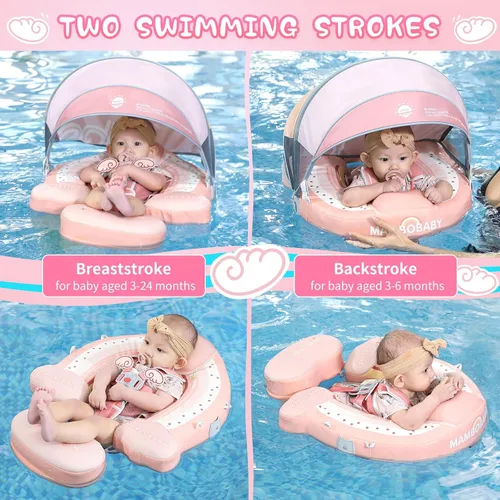 Miniatura 4 de Mambobaby Flotador de piscina para bebé con toldo extraíble – Flotador de natación infantil no inflable con diseño de cola antideslizante