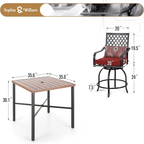 Miniatura 7 de Sophia & William Juego de 5 piezas de mesa de comedor y sillas de patio al aire libre, juego de muebles de 4 taburetes giratorios con cojín rojo y 1