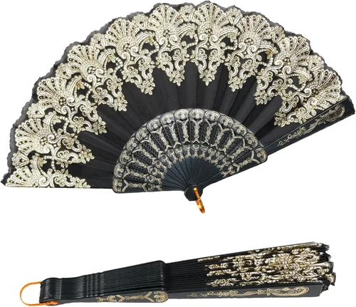 Miniatura 11 de INNOLIFE Abanico de mano plegable español con patrón retro para mujeres, abanico plegable chino de mano para fiestas, baile, bodas y decoración