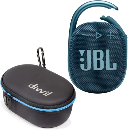 JBL Clip 4 - Altavoz Bluetooth portátil (Azul) + Paquete con funda protectora rígida divvi! (Negro)