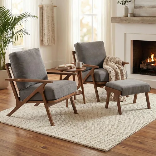 Miniatura 14 de HNY Mid-Century - Silla decorativa tapizada moderna, sillón de tela de lino con marco de madera maciza, cómoda silla de descanso con almohada