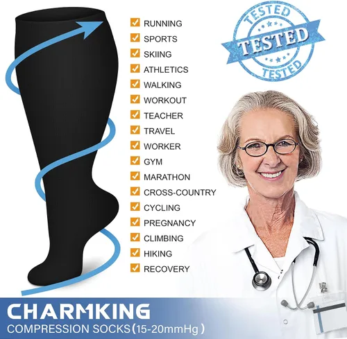 Miniatura 5 de CHARMKING 3 pares de calcetines de compresión de talla grande para mujeres y hombres, pantorrilla extra ancha de 15-20 mmHg, el mejor apoyo