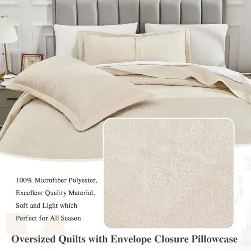 Miniatura 6 de ENJOHOS Juego de edredón extragrande tamaño King, color beige, 128 x 120 pulgadas, tamaño California King, colcha extragrande con diseño de damasco