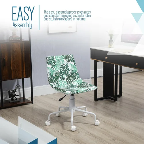 Miniatura 7 de Silla de escritorio de oficina sin brazos en vinilo con estampado de hojas de plátano (blanco) – Silla ergonómica de respaldo medio con ruedas, sin