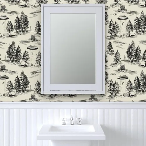 Miniatura 9 de Spoonflower Papel Tapiz Despegar y Pegar Muestra - OVNI Grande Negro Toile De Jouy Abducción Alienígena Espacio Acampada Papel Tapiz Removible