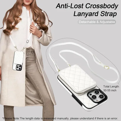 Miniatura 5 de Bocasal Funda tipo cartera cruzada para iPhone 15 Pro, Bolso Cartera con Cremallera de Cuero PU con Bloqueo RFID, Funda Tipo Libro con Tapa Blanco