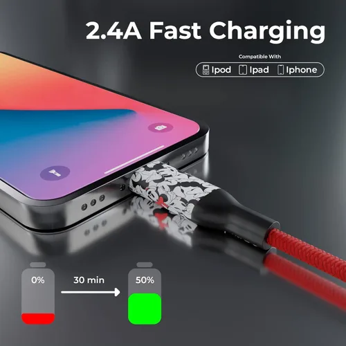 Miniatura 3 de iJoy Disney Minnie Mouse - Cargador de repuesto para iPhone de 6 pies de carga rápida – Cable de carga USB trenzado certificado MFI sincronización