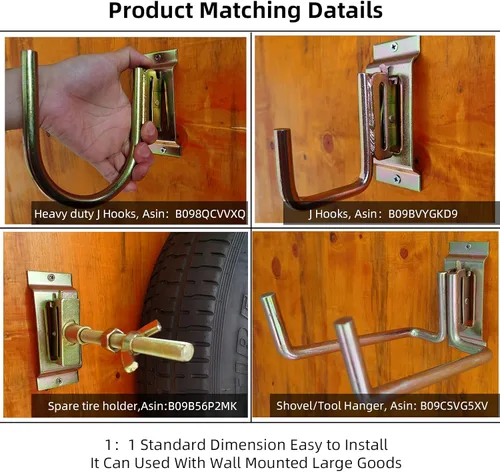 Miniatura 7 de E-Track - Paquete de 2 ganchos para pala resistentes para almacenar herramientas de mango largo, herramienta de acero grande, gancho doble en J, 6.0