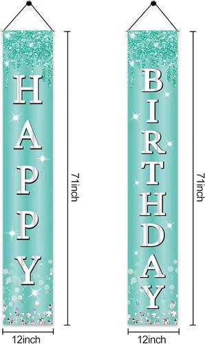 Miniatura 2 de Cartel de feliz cumpleaños de color verde azulado plateado para niñas y mujeres, letrero de porche azul desayuno, suministros de fiesta, 10, 13, 16