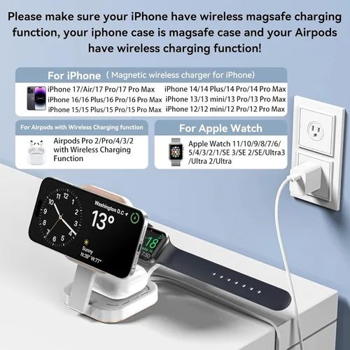 Miniatura 3 de Mini estación de carga plegable 3 en 1 para dispositivos Apple, soporte de cargador inalámbrico para Magsafe para iPhone 17/Air/16/15/14/13/12