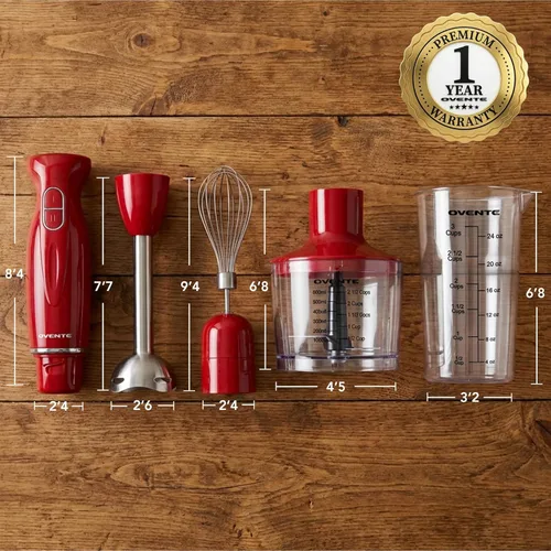 Miniatura 9 de OVENTE Juego de batidora de mano de inmersión, batidora de mano eléctrica de 300 W, 2 velocidades de mezcla con cuchillas de acero inoxidable, Rojo