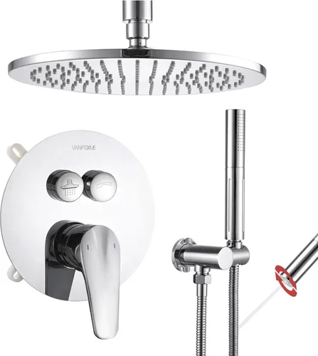 VANFOXLE Juego completo de grifos de ducha, sistema completo de ducha cromado, desviador de botón pulsador para grifo de ducha con 2 en 1 de mano,