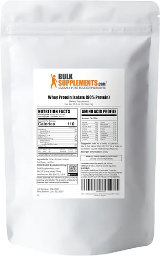 Miniatura 7 de Polvo de aislados de proteína suero de leche de BulkSupplements. Aislados 90 % limpios y puros sin sabor para hombres y mujeres. Construye masa