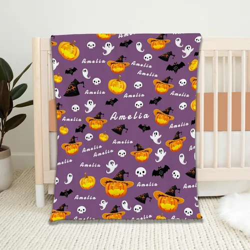 Miniatura 2 de PUREFLY Manta personalizada de Halloween con nombre para bebé, sombrero de bruja de calabaza, murciélagos negros, decoración de manta de forro polar