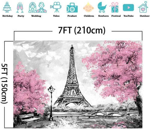 Miniatura 4 de Telón de fondo de fotografía de París, torre Eiffel, fondo de paisaje de ciudad europea, tapiz rosa para colgar en la pared, decoración para sala
