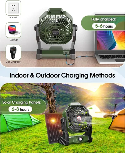 Miniatura 6 de Ventilador recargable con energía solar, (30 horas de funcionamiento) ventiladores de camping solares y linterna LED, ventilador portátil de 8