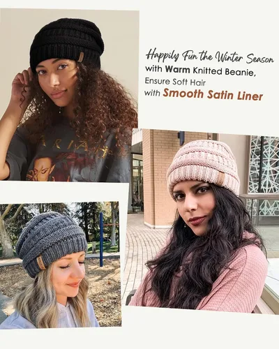 Miniatura 13 de FURTALK Gorro de invierno para mujer, con forro de satén, tejido trenzado, grueso, holgado, gorro cálido