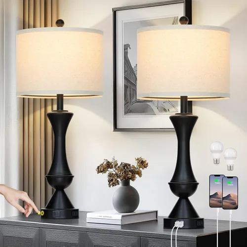 Miniatura 9 de Lámparas de mesa costeras de 28 pulgadas para sala de estar, lámparas de noche con luz nocturna, puertos USB A+C, moderna concha de mar
