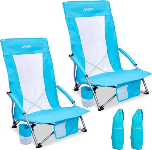 Miniatura 15 de Sillas de playa plegables bajas para adultos, silla de camping portátil ligera con soporte para tazas, silla de campamento plegable para conciertos