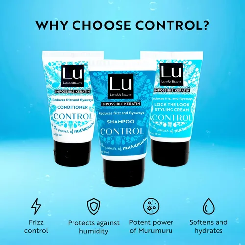 Miniatura 3 de Lu by LatinUs Beauty Control Travel Size Collection Champú antiencrespamiento, acondicionador y crema de peinado con impossible Keratin™