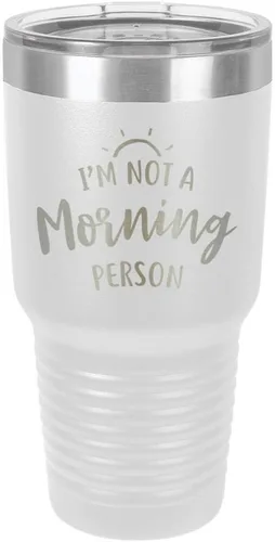 Miniatura 20 de Vaso negro de 30 onzas con popote y tapa superior deslizante con texto en inglés "I'M NOT A MORNING PERSON", color negro