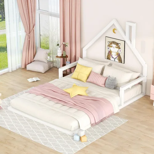 Miniatura 10 de Harper & Bright Designs Cama de suelo de tamaño individual con cabecera en forma de casa, marco Montessori, cama de plataforma para niños, Blanco