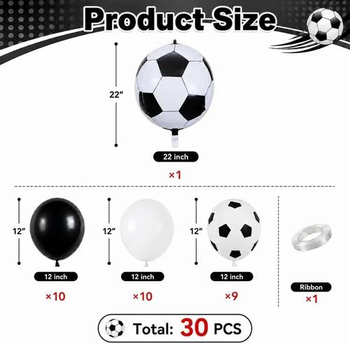 Miniatura 2 de Globos de fútbol, globos de látex blanco y negro de 12 pulgadas con balón de fútbol de 22 pulgadas, globo de aluminio 4D para niños, decoración