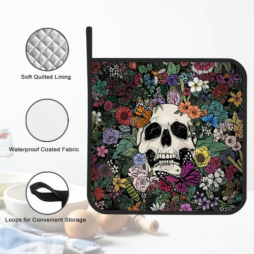 Miniatura 3 de Juego de 2 soportes para ollas, diseño gótico de flores de calavera, resistentes al calor, para barbacoa, cocinar, hornear, comida caliente