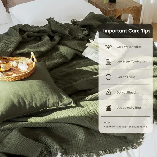 Miniatura 4 de MooMee - Manta de muselina 100% algodón, manta de 4 capas de gasa con borlas, ultra suave, transpirable, ligera y refrescante para cama y sofá Verde
