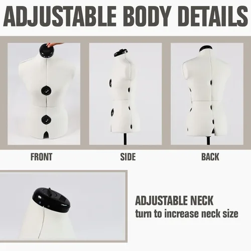 Miniatura 5 de Maniquíes de vestido ajustable beige para costura femenina, tamaño pequeño 6-14 y tamaño grande 12-18, modelo de algodón con 13 diales, base