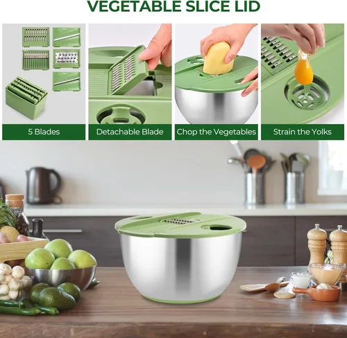 Miniatura 5 de SUSTEAS Centrifugador de Ensalada de Acero Inoxidable Grande, Tazón de Lavado de Verduras, Secador de Frutas y Hierbas con Cortador de 5 Cuchillas