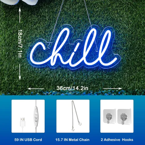 Miniatura 4 de Wanxing Letrero de neón Chill de neón azul para pared, de 14 x 7 pulgadas, luces LED para decoración de pared, luz de neón para dormitorio