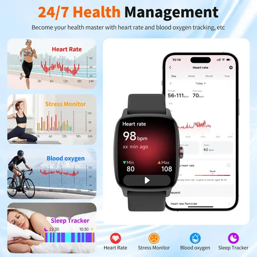 Miniatura 5 de Reloj inteligente para hombres y mujeres con llamadas Bluetooth, rastreador de fitness con pantalla táctil de 1.85 pulgadas, monitor de frecuencia