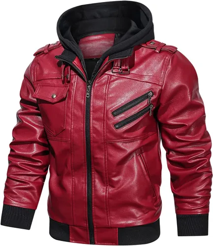 Miniatura 2 de Hood Crew - Chaqueta bomber para hombre, casual, con cuello alto, cazadora de moto, de piel sintética de poliuretano, con cremallera y capucha