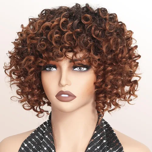 Miniatura 7 de Peluca rizada corta con flequillo peluca sintética afroamericana para mujeres negras, fibra sintética de alta temperatura, pelucas rizadas