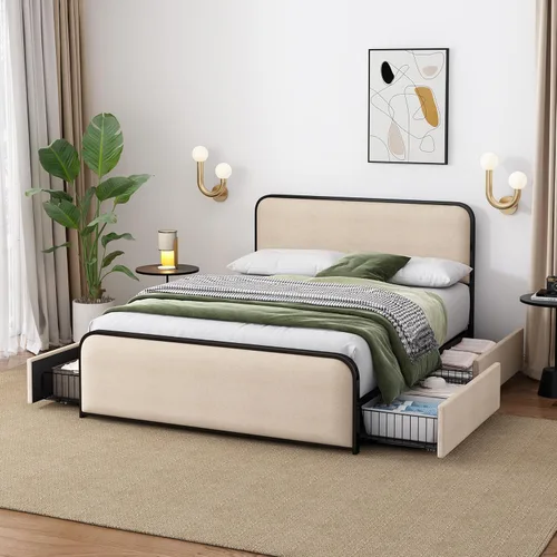 Miniatura 19 de SOFTSEA Cama de plataforma de tamaño matrimonial con nido, cama matrimonial tapizada con cabecero curvado para niños, adolescentes, invitados, tela
