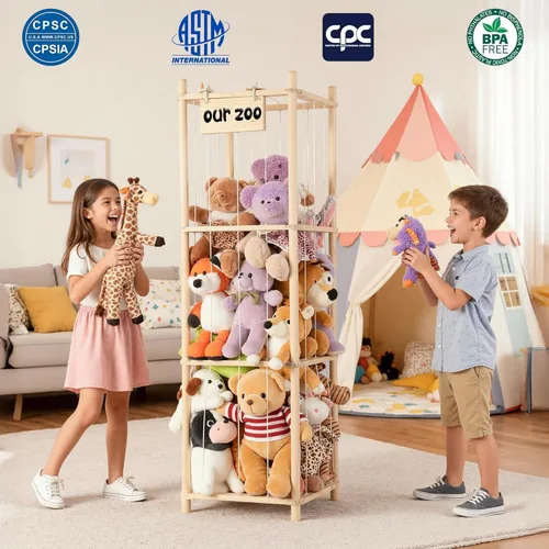 Miniatura 7 de LAMU Almacenamiento de animales de peluche, soporte de madera para animales de peluche con cordones elásticos, organizador de juguetes de ahorro