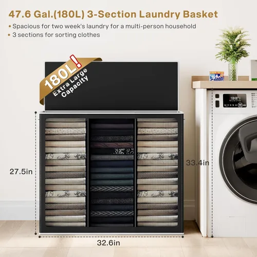 Miniatura 2 de SOLEDI Cesta de ropa sucia de 180L de 3 secciones, cesta de ropa sucia extra grande con tapa, cesta de ropa sucia con asa resistente, organizador